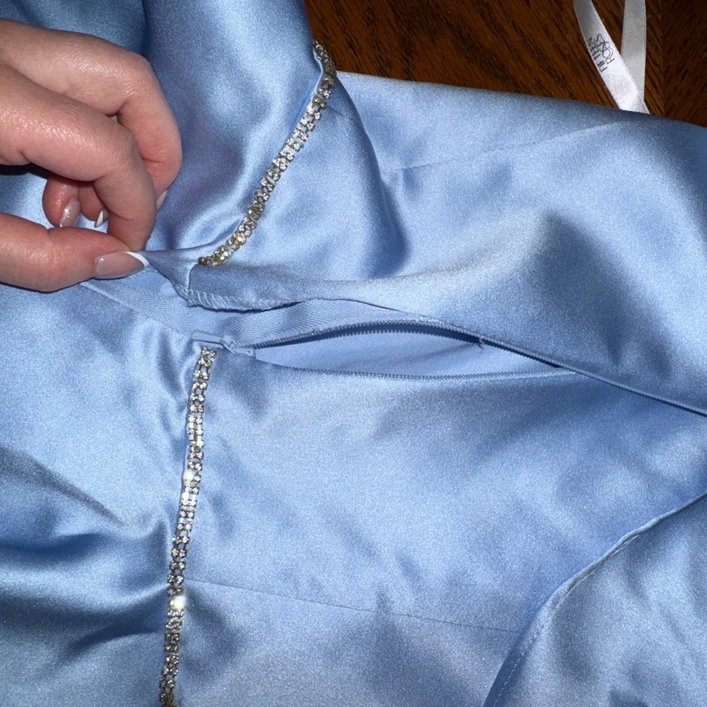 Light Blue One-Shoulder Ruffle Satin Party Dress - Picture 12 of 13